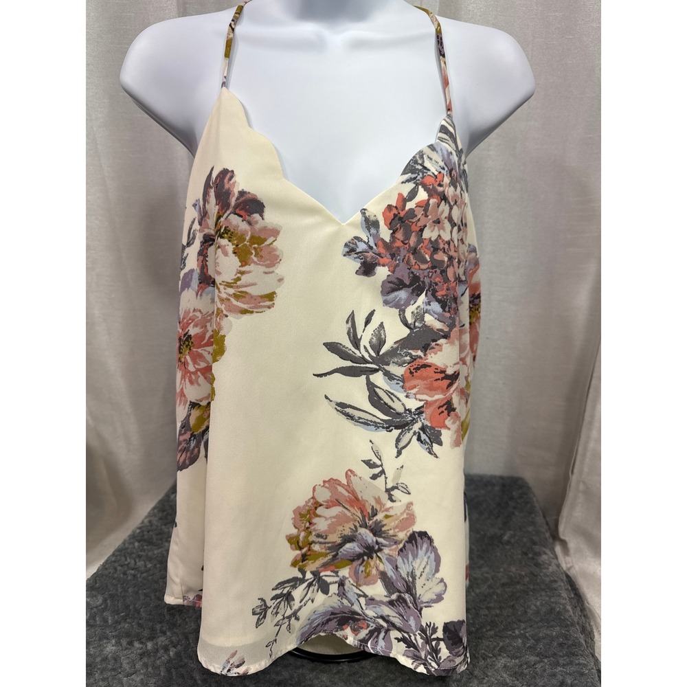 Nine Britton Cream Floral Scalloped V-Neck Camisole T-Back Tank Top Large